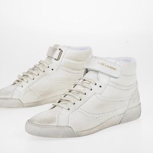 *SOLD OUT* YSL Distressed Lenny Logo-Print High Top Sneakers 36.5 Blanc Optique!